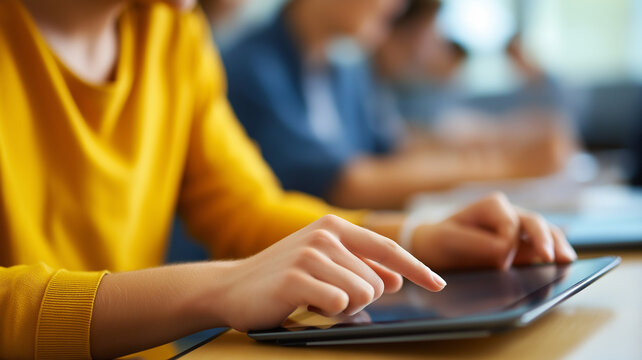 Focused students collaborate and interact with their devices in a vibrant classroom setting Generative AI - Powered by Adobe