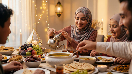 Happy Muslim family gathering for Iftar dinner during Ramadan. Smiling woman in hijab pouring tea at table with food