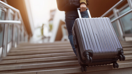 A person with a sleek suitcase descends steps under warm evening light and modern architecture Generative AI