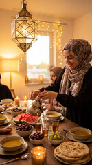 Happy Muslim woman pouring tea at family dinner table. Young lady in hijab serving traditional drink during Ramadan Iftar meal with dates and food. Islamic culture and hospitality concept