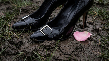 Black patent leather high heels standing in wet mud with a pink rose petal. Dirty stilettos on muddy ground. Aftermath of a party concept
