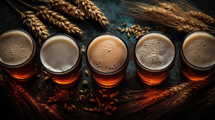 Craft Beer Selection with Barley and Wheat on Rustic Tabletop Background