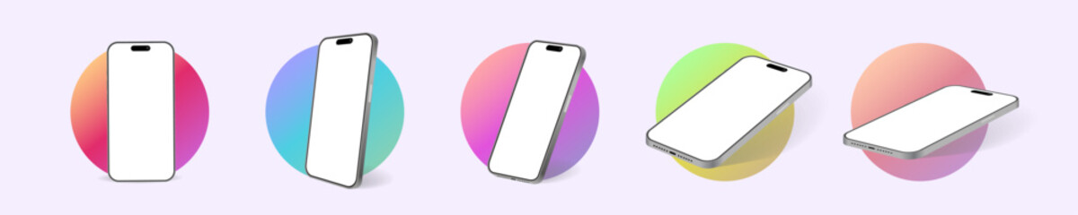 Realistic Smartphone Mockup Set with Colorful Gradient Circles. Blank Screen Mobile UI and UX Presentation Templates, 3D Isometric Cell Phone Frames in Multiple Angles Vector Illustration