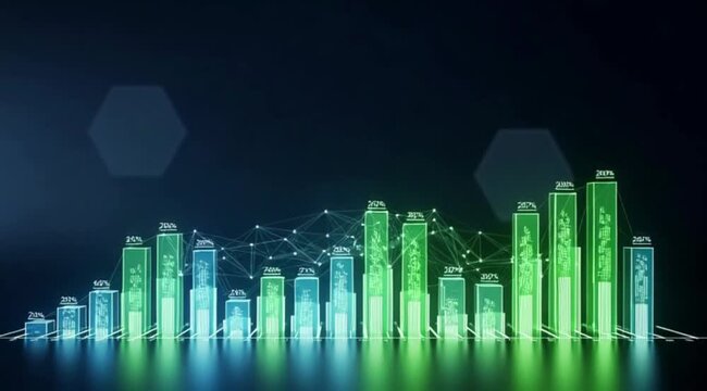Digital graph with green and blue bars on dark background.