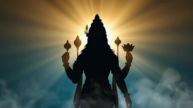 Lord Vishnu devotional wallpaper with serene silhouette, soft light beams, gentle mist