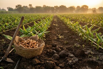 Basket of peanuts in crop field at sunrise, fresh harvest in woven basket with hoe on soil furrows, rural agriculture concept, organic farming and food production
