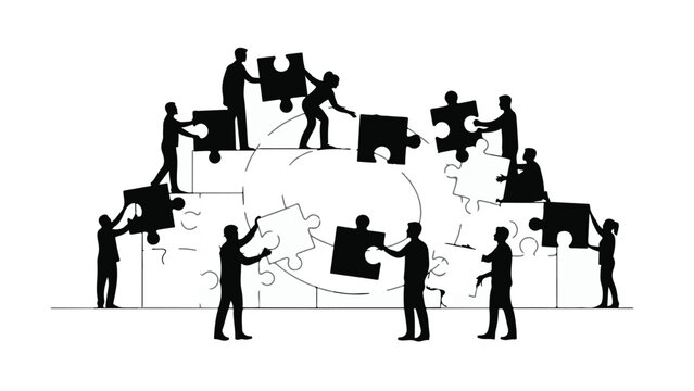 Diverse group of people working together, building a complex puzzle to achieve a common goal.