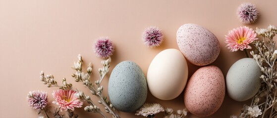 Obraz premium Soft Spring Background with Gentle Light and Pastel Eggs Surrounded by Delicate Flowers in a Serene Arrangement for Celebratory Themes
