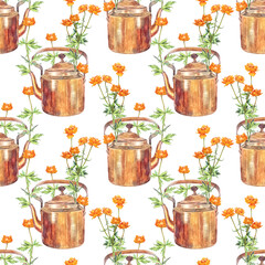 Watercolor seamless pattern with orange flower in teapot on white background. Botanical painting wildflower for Women day 8 march. Bouquet for celebration wedding. Summer wallpaper or wrapping