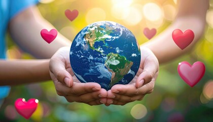 Caring Hands: A pair of hands cradles a miniature Earth, surrounded by hearts, symbolizing global care and environmental stewardship. 