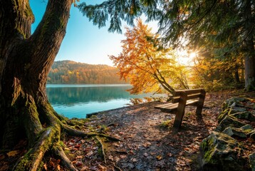 Wooden bench on forest lake shore in autumn sunrise, golden leaves and sun rays through trees, peaceful waterside landscape with copy space
