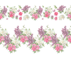 Watercolor set with seamless border bouquet pink and milk peony and lilac bush on white background. Floral plant and leaves. Spring flower. Rim for wedding invite celebration card. Wallpaper wrapping