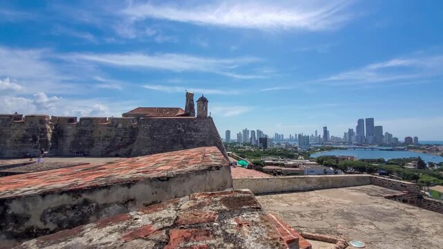 cenic Castle of Saint Philippe, Castillo San Felipe de Barajas, with lookouts overlooking Cartagena historic center, ocean bay and Walled City.