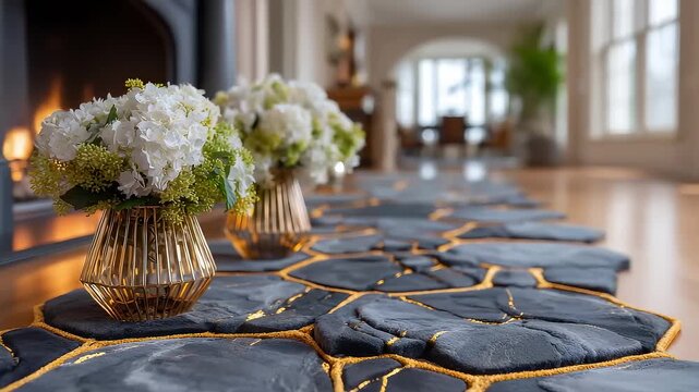 Elegant white flowers on kintsugi stone floor by fireplace