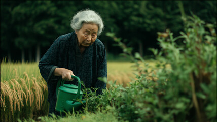In a peaceful countryside, a grandmother in dark blue waters her lush plants, exuding calm Generative AI