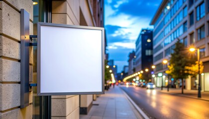 Obraz premium A blank signboard on a city street wall at dusk with buildings and streetlights