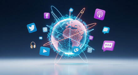 Global Digital Connectivity and Social Media Network Orbiting Earth with Technology Icons