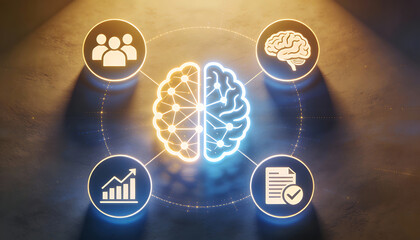 conceptual digital illustration of artificial intelligence brain glowing with golden and blue light connected to icons for people human mind data analytics and documentation