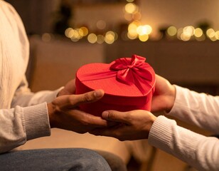 A person hands a heart-shaped present, wrapped in red with ribbon, while festive lights twinkle in the background, creating a warm atmosphere.