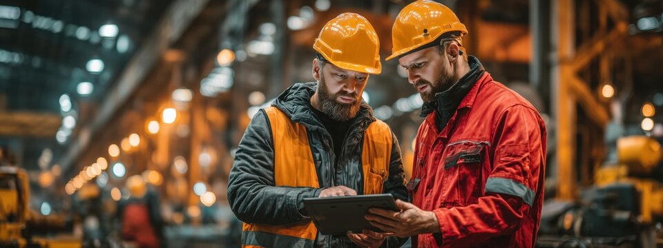 Two Construction Workers Discuss Project Plans in an Industrial Warehouse Environment