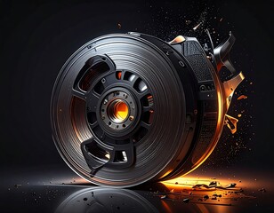Metallic cinematic reel in a dramatic, illuminated environment
