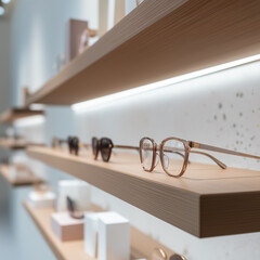 Elegant shelves display various eyewear, inviting customers to explore stylish options for vision Generative AI