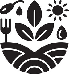 Sustainable agriculture logo with fork, plant, sun and water droplets