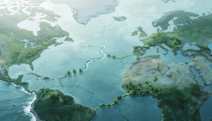 conceptual aerial map view of the atlantic ocean with green vegetation growing along global borders connecting continents under bright morning daylight in a clean environmental style