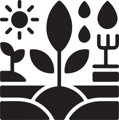  plant growth with sun, water, and gardening tools