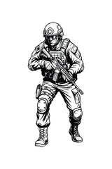 Obraz premium Armed Soldier Tactical Illustration, Black and White Military Line Art Character Design