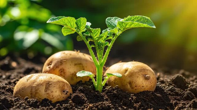 Potato plant growing in soil with three potatoes