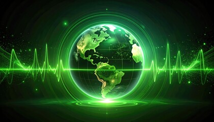 Obraz premium Global Harmony: A glowing representation of the world, encircled by pulsating energy waves, representing the interconnectedness of global health and environmental consciousness.
