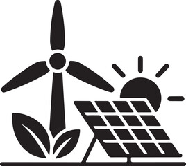 Renewable energy icon with wind turbine, solar panel, and sun