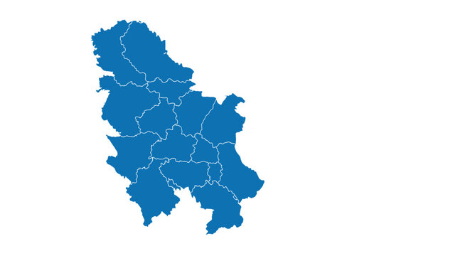 A blue silhouette map of Serbia with its internal districts outlined, isolated on a white background for geographical projects.