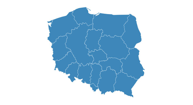 A blue silhouette map of Poland with the borders of its voivodeships, isolated on a clean white background for presentations.