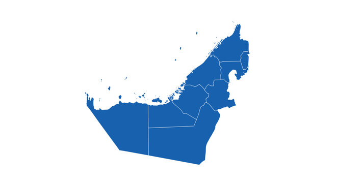 A blue silhouette map of the United Arab Emirates with the borders of its emirates, isolated on a plain white background.