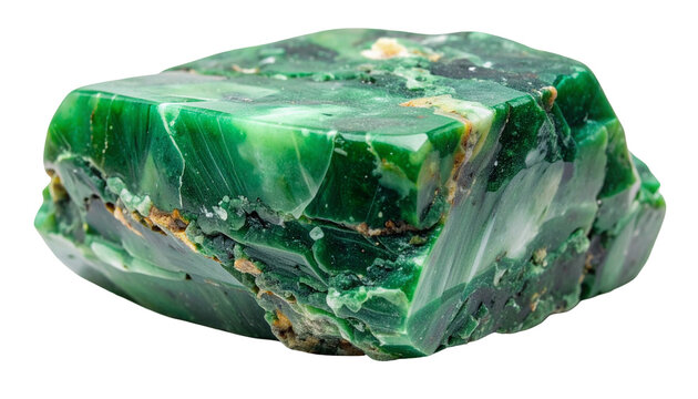 Vibrant green gemstone displays rough texture and reflective surfaces