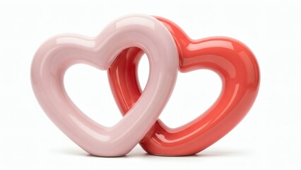 Pair of Interlocked Ceramic Heart Sculptures in Soft Pastel Pink and Red, Glossy Finish, Isolated on Pure White Background