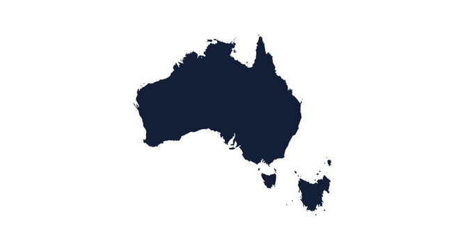 A dark blue solid silhouette map of the continent of Australia including Tasmania, isolated on a clean white background.