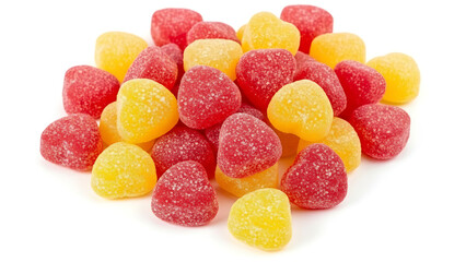 Colorful sugar coated gummies pile on white background