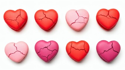 Valentine-Themed Flat Lay of Red and Pink Heart-Shaped Macarons, Clean Arrangement Isolated on Pure White Background