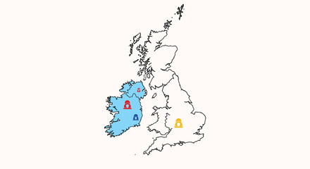 Obraz premium Conceptual map of the British Isles illustrating a lockdown or data privacy theme, with Ireland highlighted and marked by padlock icons.