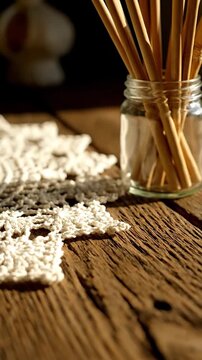 Rustic wooden table with delicate lace doily and glass jar of cinnamon sticks, bathed in warm sunlight.