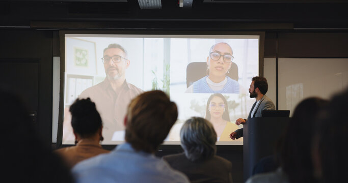Video call, audience and speaker with presentation, business conference and seminar event. Workshop screen, training and webinar summit with people, sales education and crowd for career development