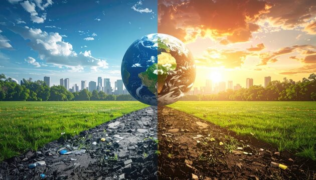 Climate change concept: A divided earth, showcasing the stark contrast between a vibrant, healthy ecosystem and a polluted, degraded environment.