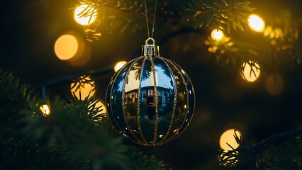 Christmas Tree Ornament with Blue Bauble and Warm Lights