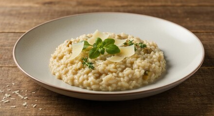 Creamy risotto dish on a plate, topped with cheese and herbs