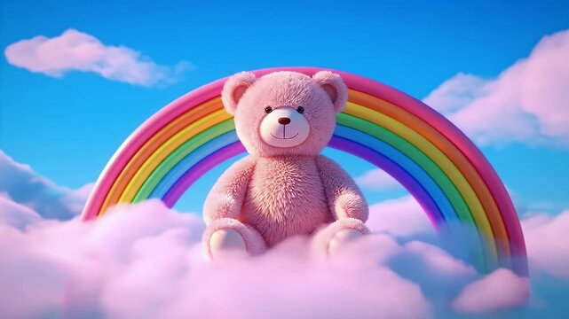 Soft Pink Teddy Bear Surrounded by a Bright Rainbow Arch Above Puffy Clouds