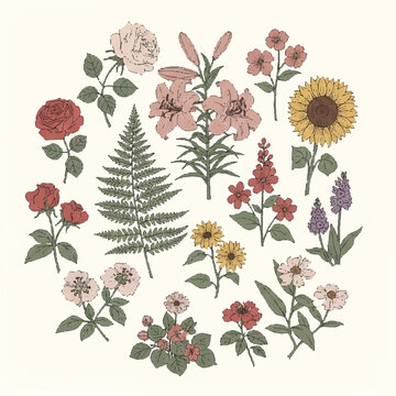 A colorful, whimsical flat lay illustration of various flowers and a fern arranged in a circular pattern on a clean white background with a cute, cartoon style reminiscent of dragon designs.