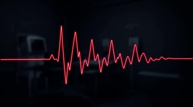 Red heartbeat line graph on dark background.